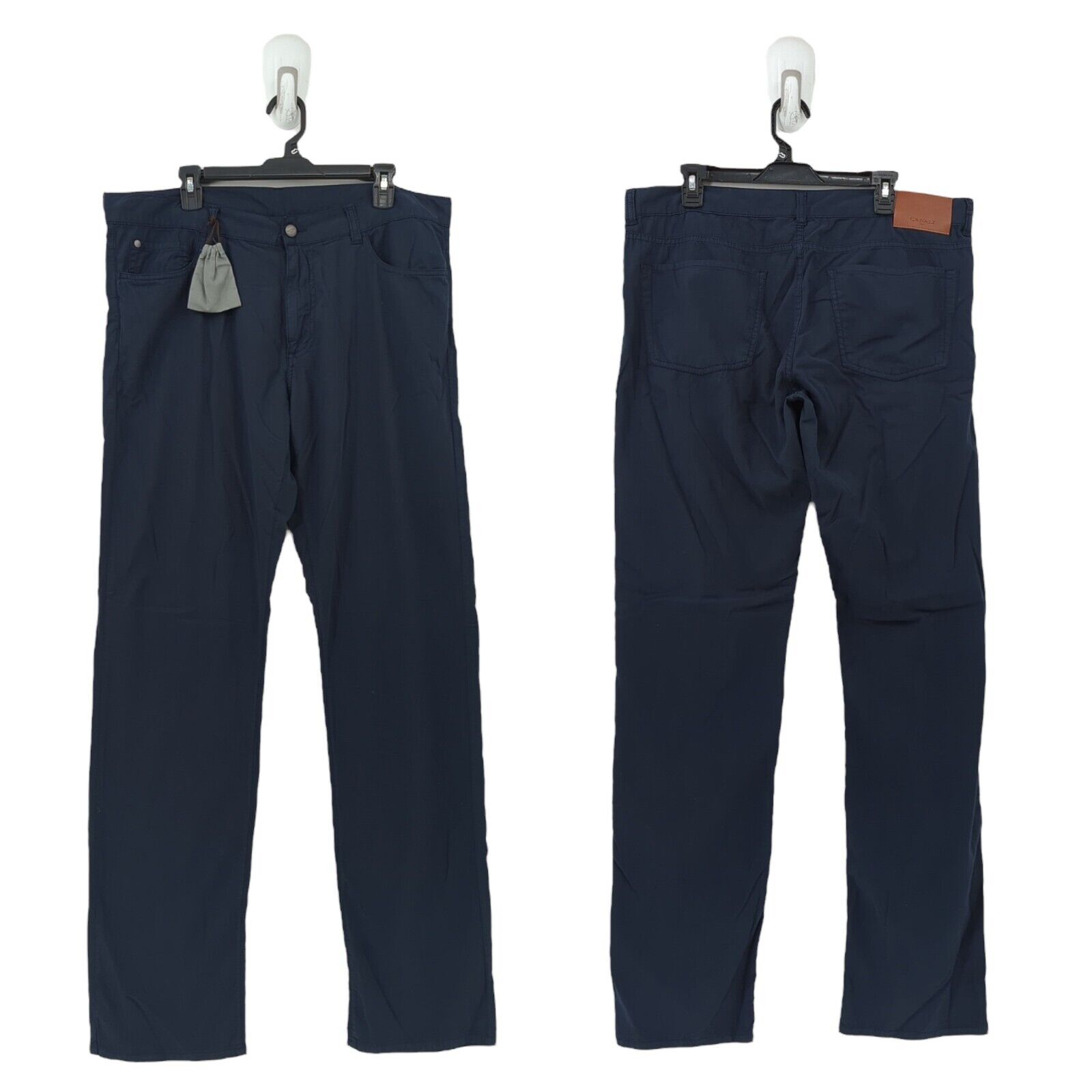 Canali Men 40 5 Pocket Stretch Trousers Pants Navy Blue Leather Patch New Flaw